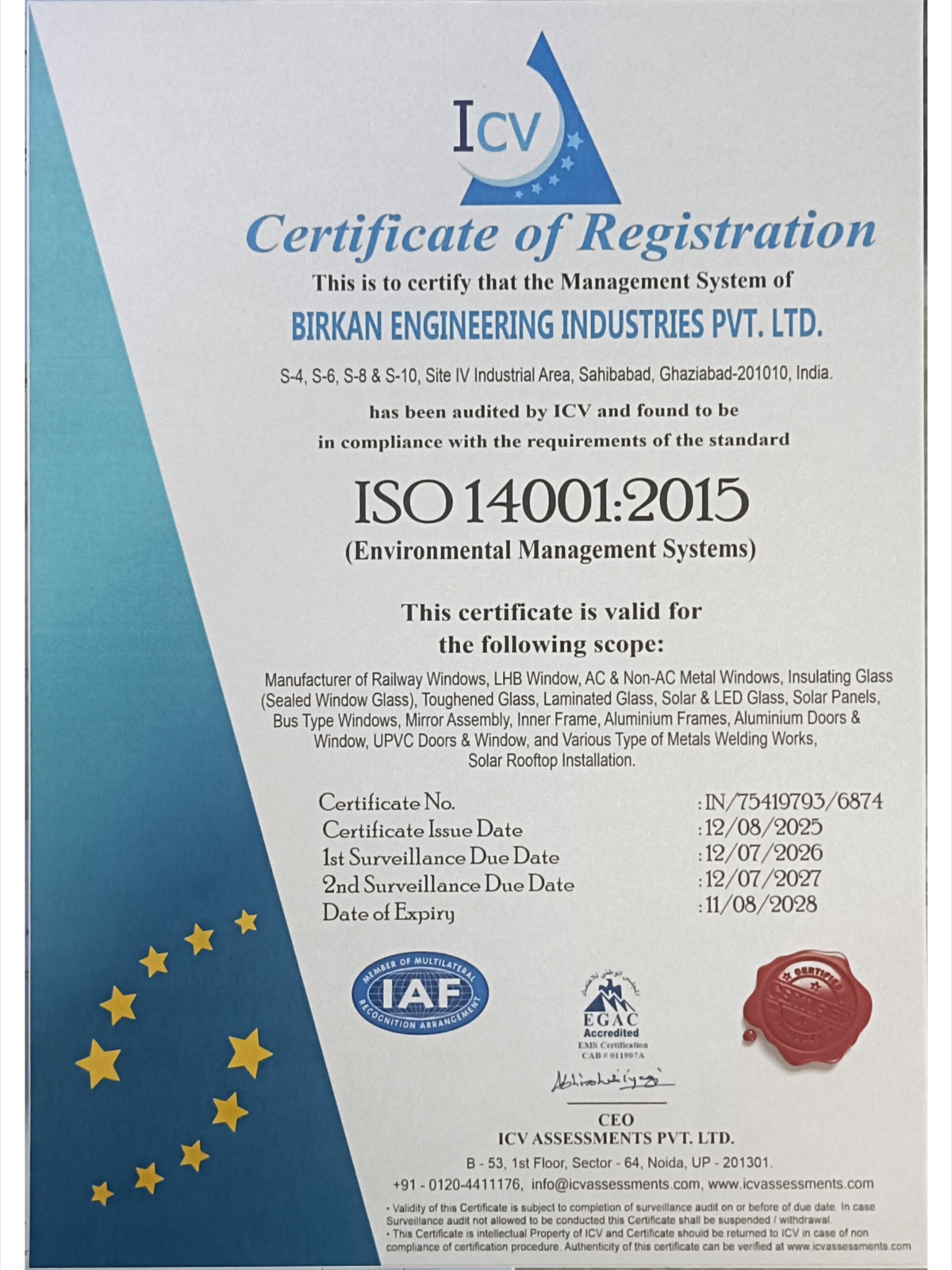 ISO 14001:2015 Environmental Management Systems certificate issued to Birkan Engineering Industries Pvt. Ltd.