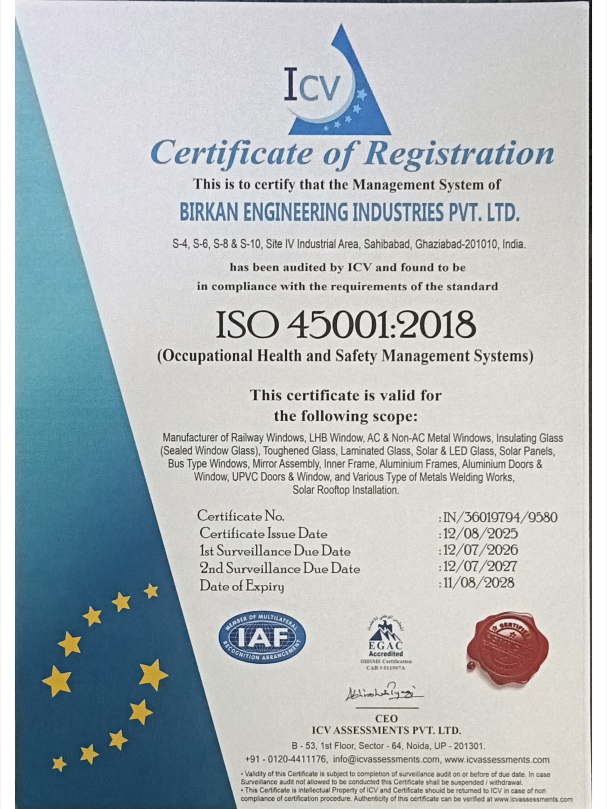 ISO 45001:2018 Occupational Health and Safety Management Systems certificate issued to Birkan Engineering Industries Pvt. Ltd.