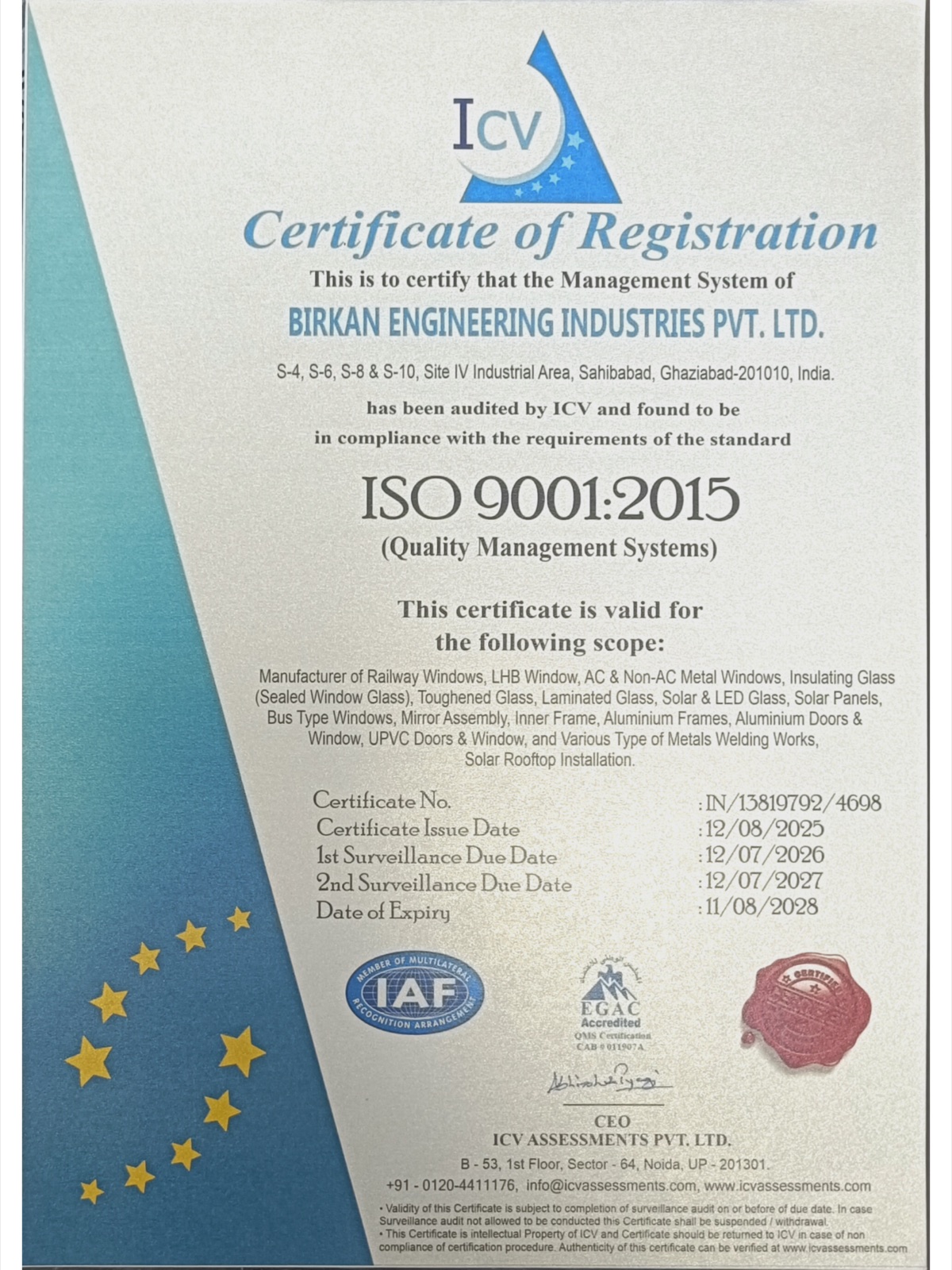 ISO 9001:2015 Quality Management Systems certificate issued to Birkan Engineering Industries Pvt. Ltd.