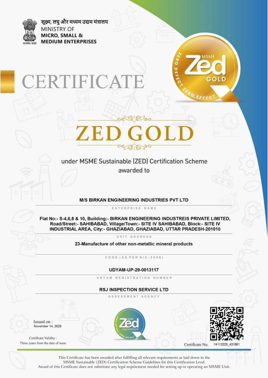 MSME Sustainable ZED Gold certificate issued to Birkan Engineering Industries Pvt. Ltd.