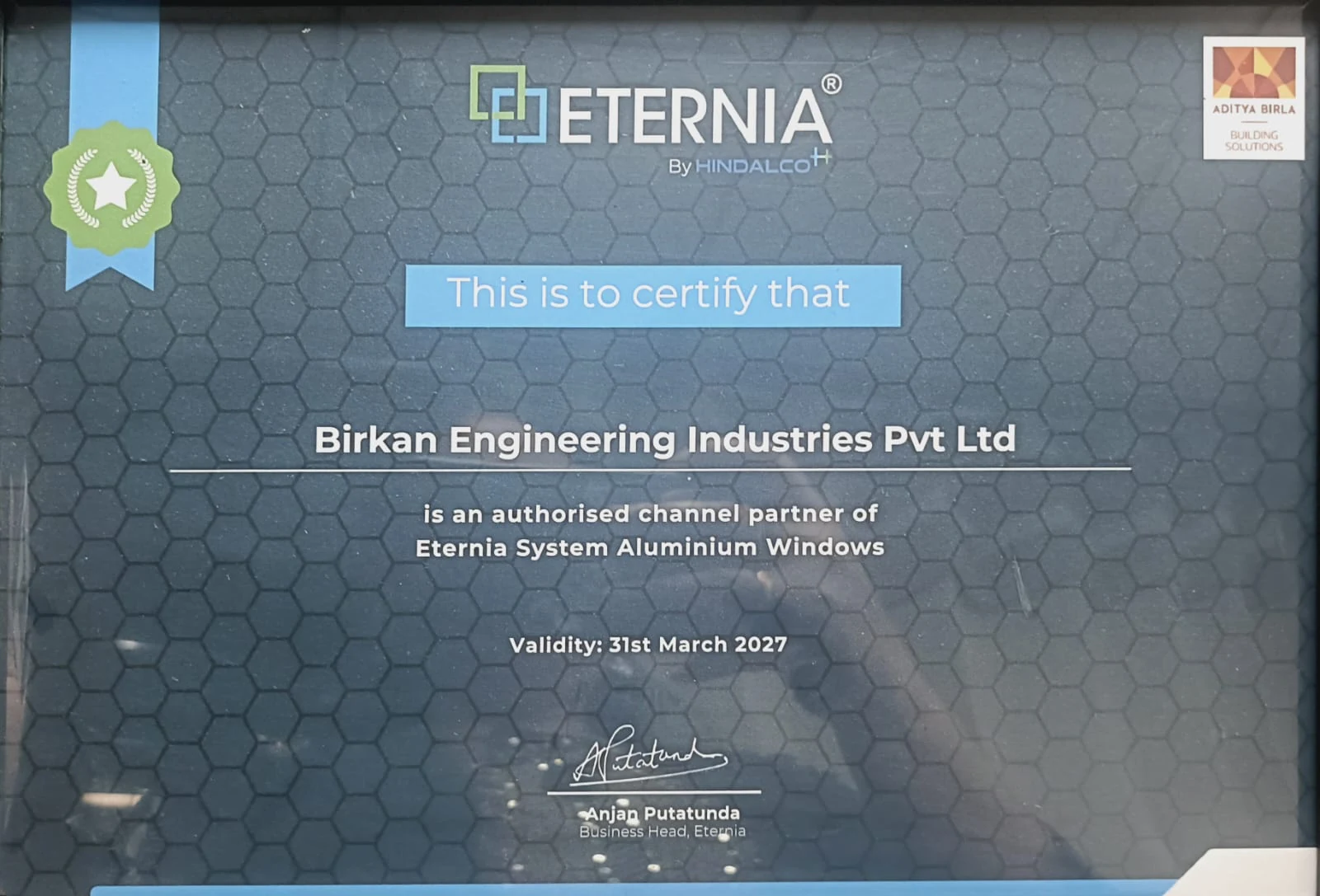 Eternia authorised channel partner certificate issued to Birkan Engineering Industries Pvt. Ltd.