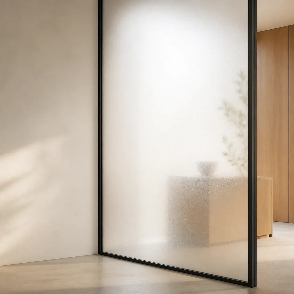 Frosted glass partition panel in a private office cabin keeping light while providing visual privacy