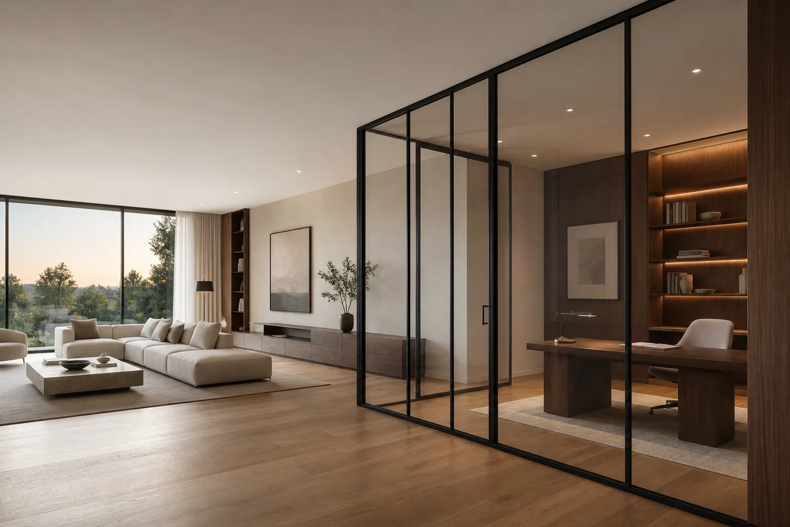 BE-SLIM slimline glass partition in a residential interior, light preserved