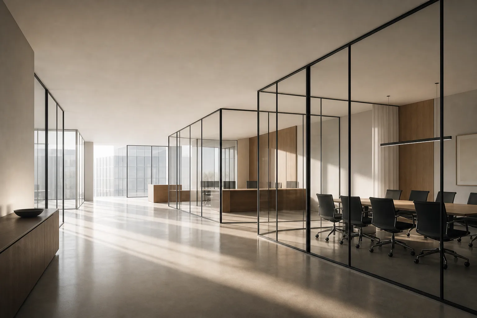 BE-SLIM glass partition in daylight-efficient space showing longevity of finish