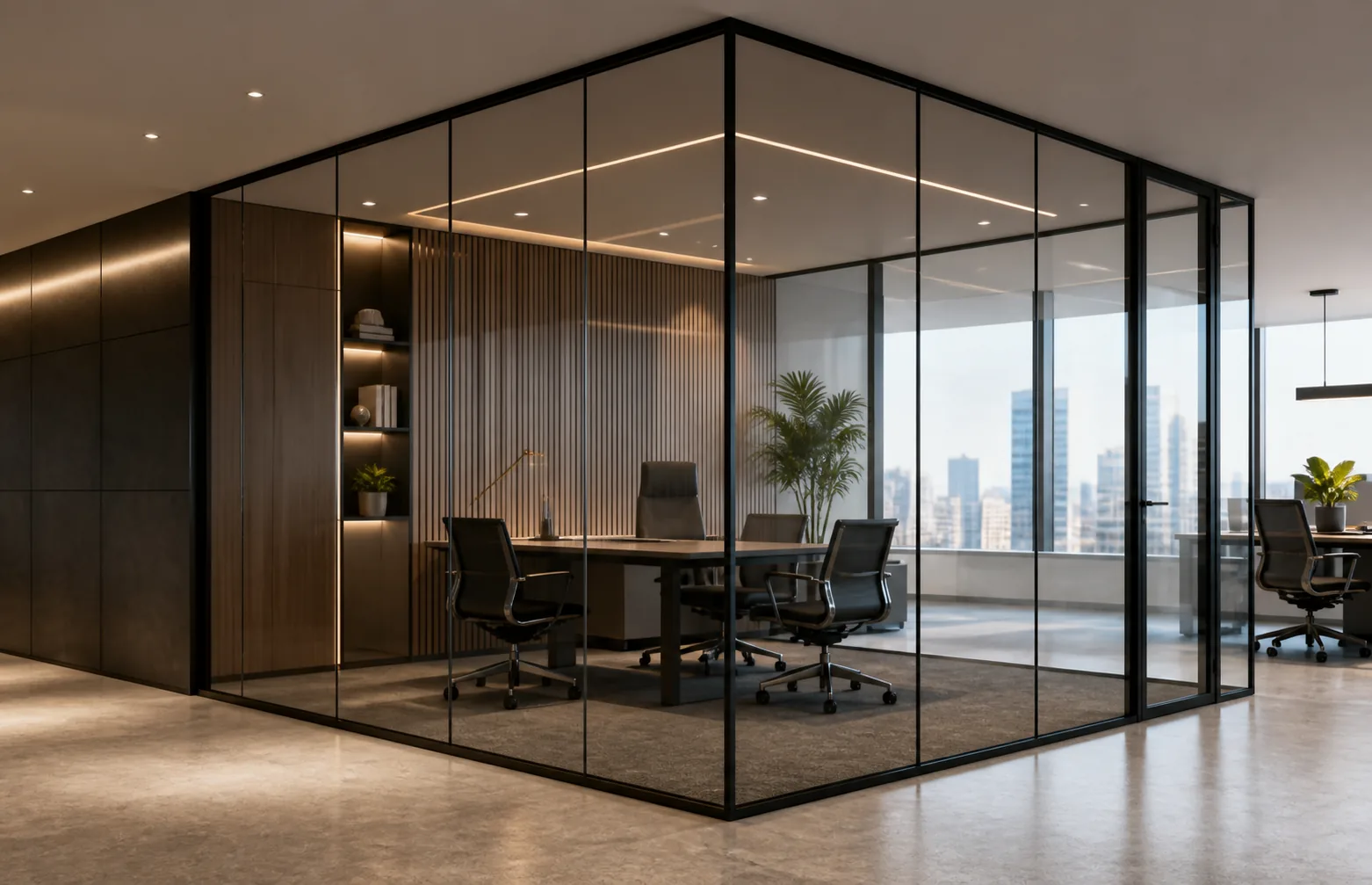 Fixed slimline glass partition, near-invisible aluminium framing